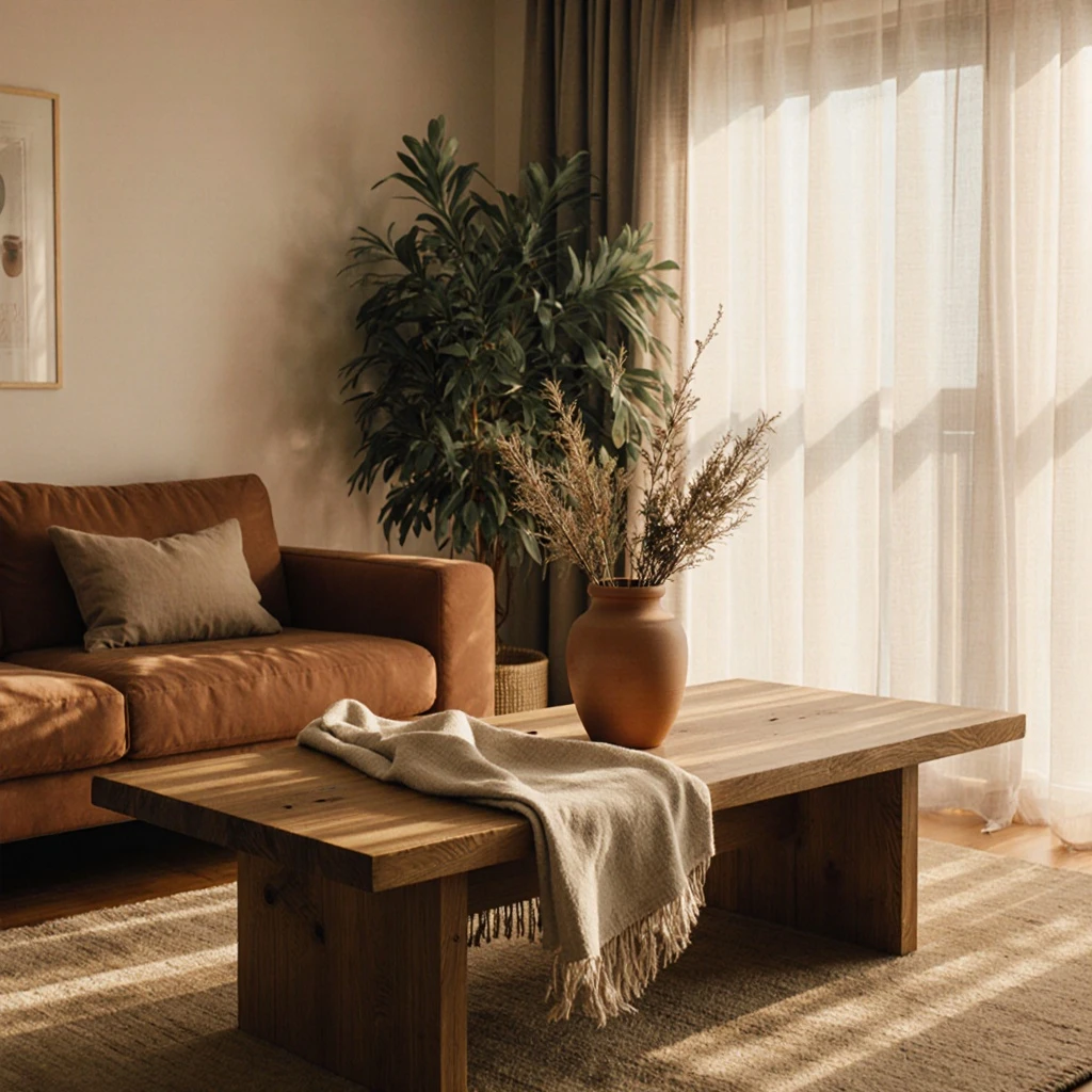 A warmly lit living room at golden hour
