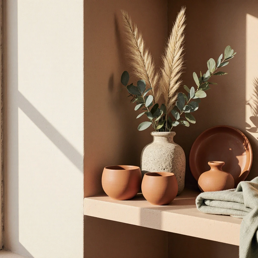 Styled interior shelf with terracotta ceramics and linen