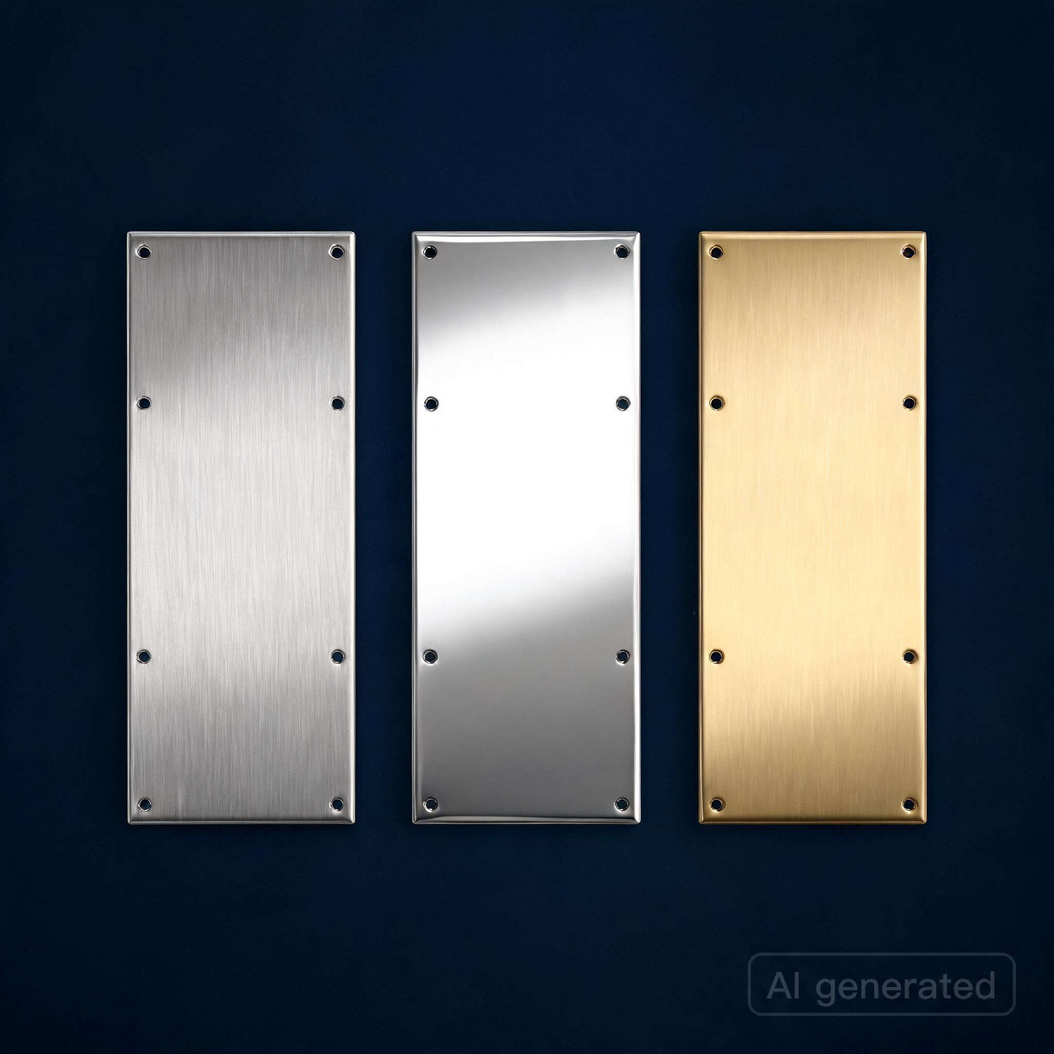 Compliant Door Co. kick plate range: Satin SS, Polished SS and Brass