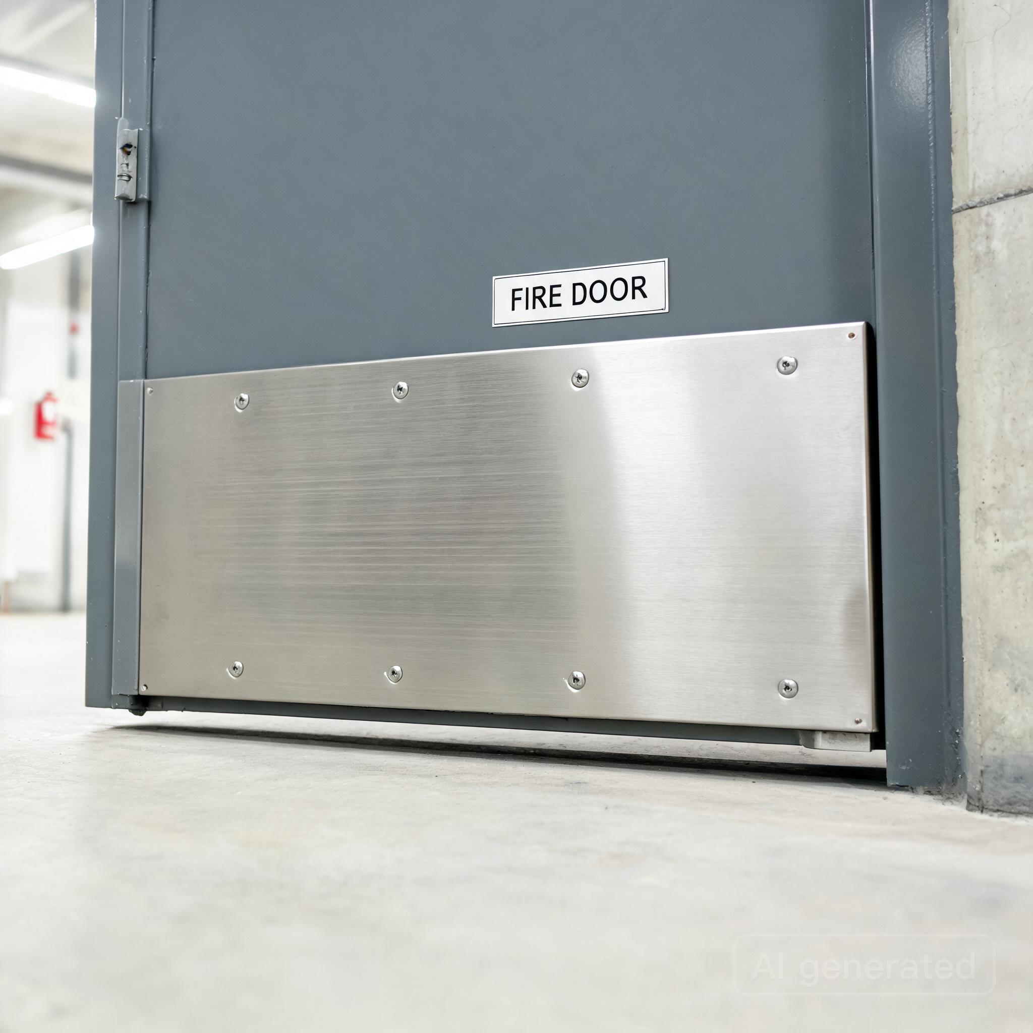 Stainless steel kick plate fitted to commercial fire door