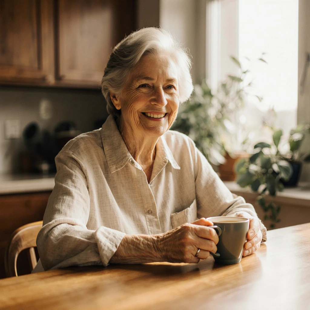 A woman in her 50s enjoying a warm morning moment