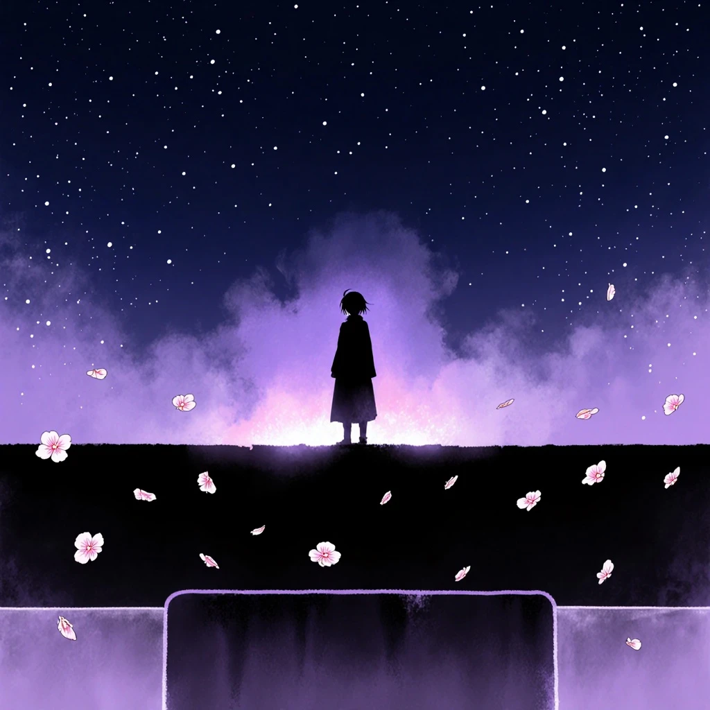 A solitary anime character silhouette at twilight, sakura petals drifting