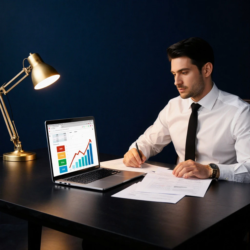 Professional adult reviewing financial documents at a minimalist desk
