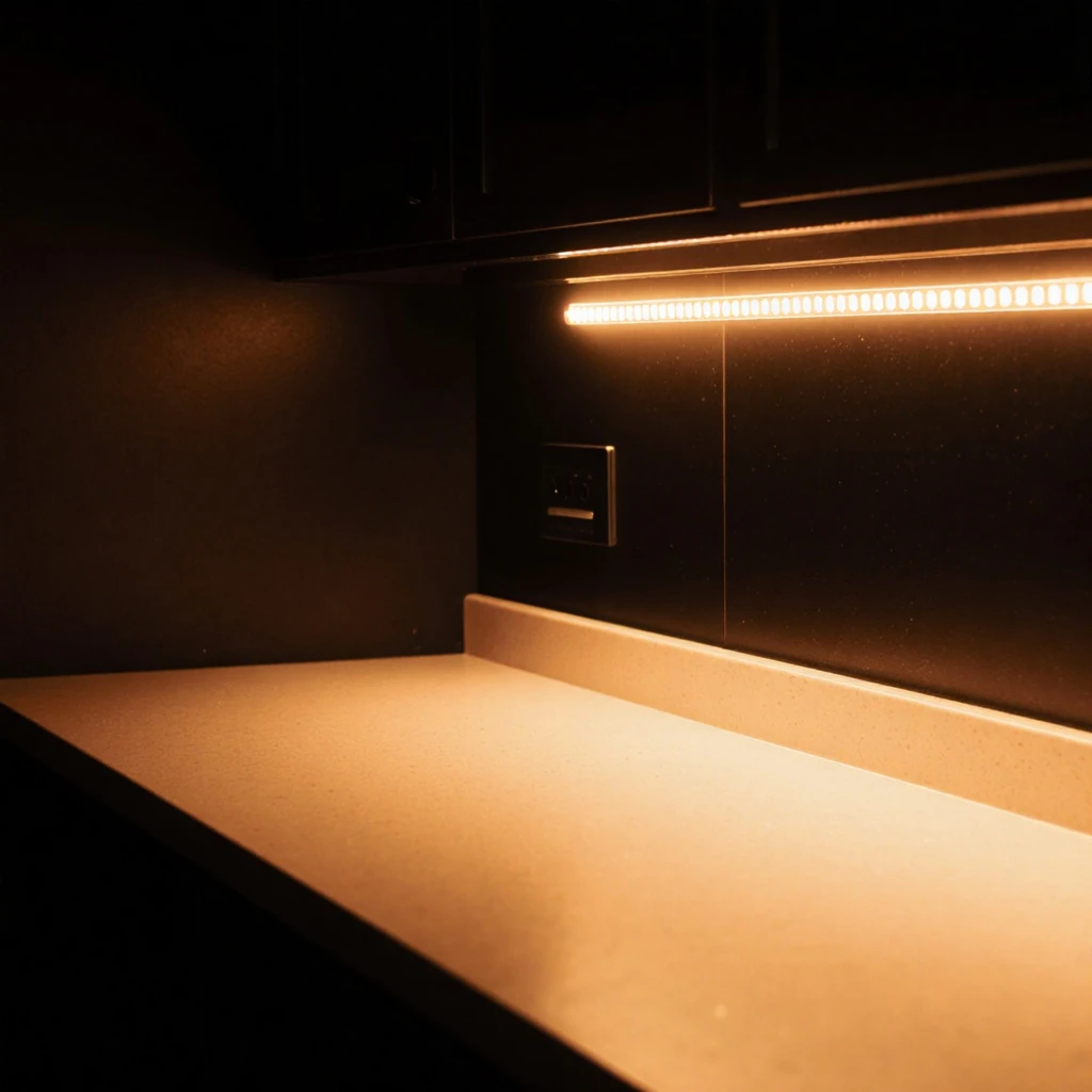 Near-dark kitchen with warm amber LED strip lights pooling light across dark countertops