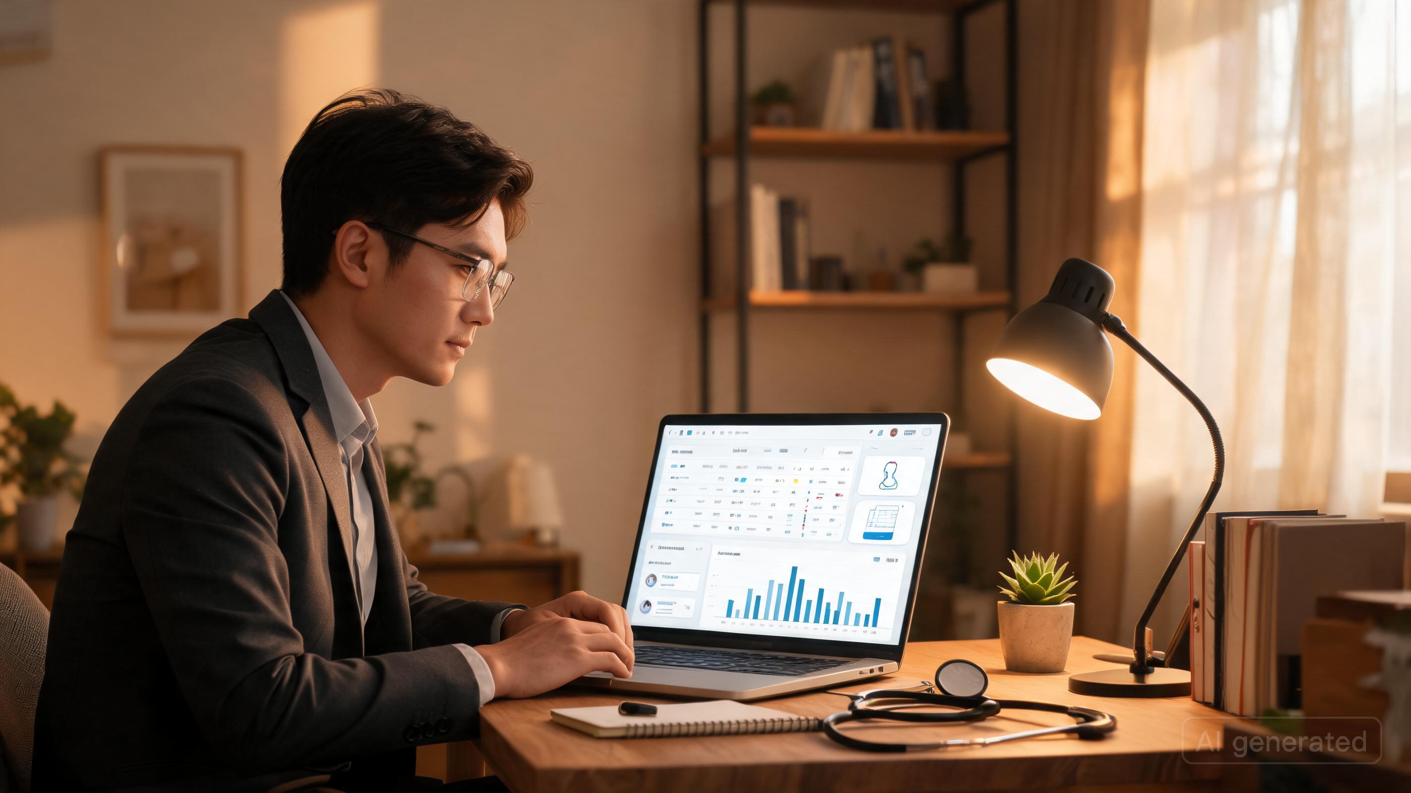 Entrepreneur working from home on a medical billing business with laptop and office setup
