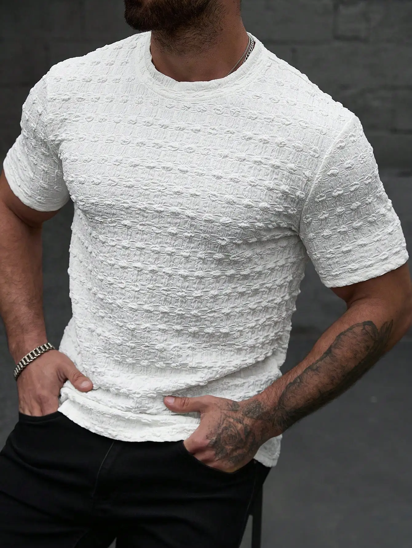 Mens Ribbed Crew Neck Short Sleeve Casual T-Shirt White