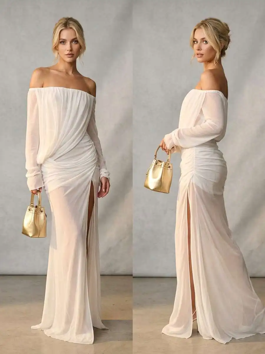Elegant Off Shoulder Maxi Long Sleeve Prom Dress