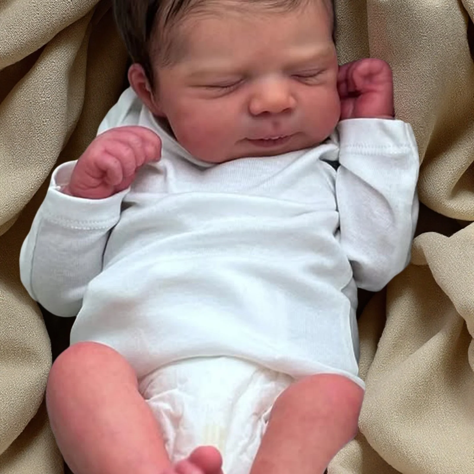 Close view of the reborn doll’s painted facial details