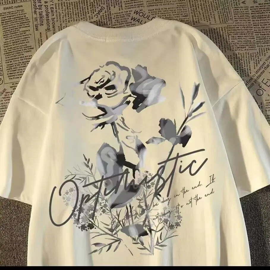 100% Cotton Summer High Street vintage Fashion Brand Vintage Rose Printed Short Sleeve T-Shirt for Men and Women Couple