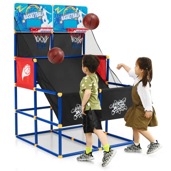 Dual Shot Kids Basketball Arcade Game - 2 Backboards+4 PVC Balls+Pump, 3+ Ages, Black+Blue+Red
