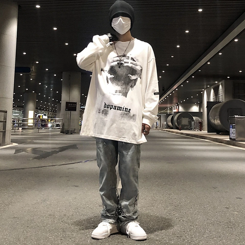 High Street Portrait Print Long-sleeved T-shirt Men's And Women's Trendy Brand