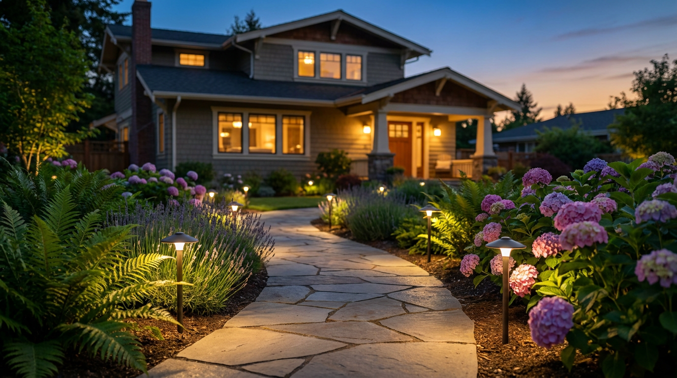 Garden pathway lined with warm white LED path lights at dusk