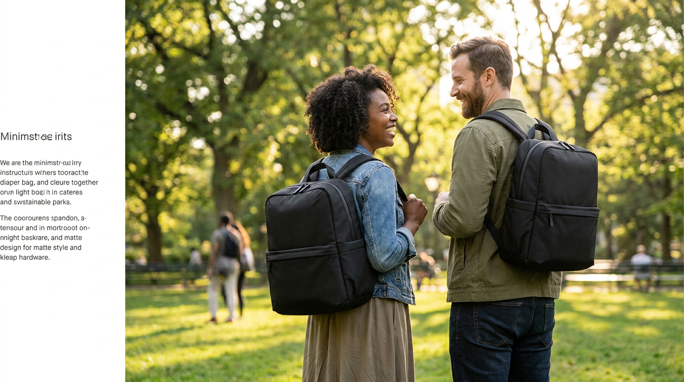 Mom and dad both carrying the same minimalist black diaper bag backpack at a sunny park — unisex diaper bag guide 2025