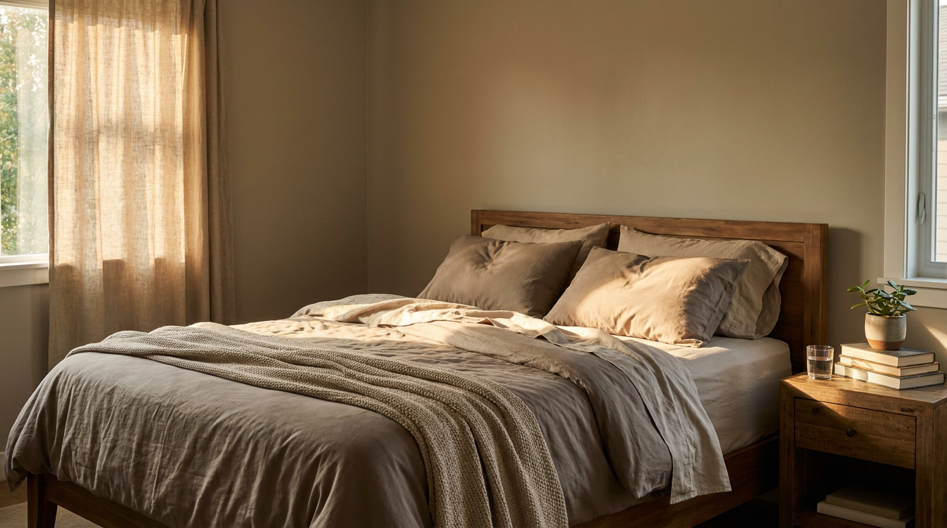 LuxClub premium microfiber sheet set in warm stone tone on a naturally lit real bedroom bed showing restful sleep environment
