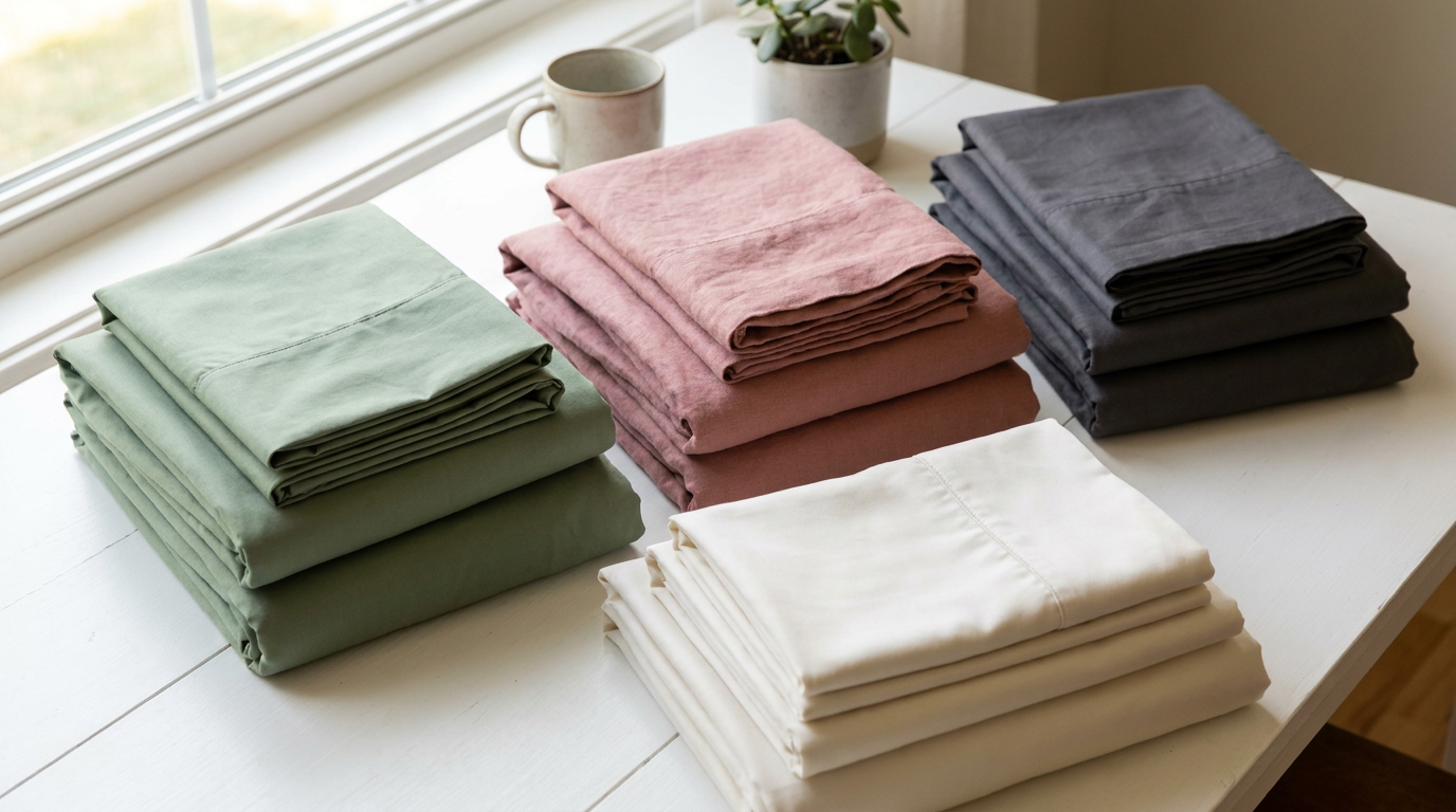 LuxClub microfiber sheet sets in multiple colors — sage green, dusty rose, charcoal, warm white — rich color after 40+ washes