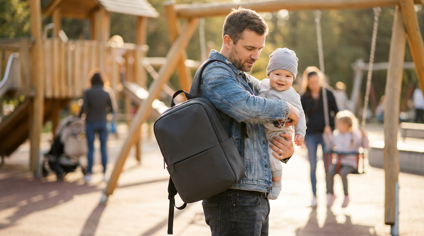 Dad confidently carrying a minimalist dark gray diaper bag backpack at a playground, holding baby in one arm