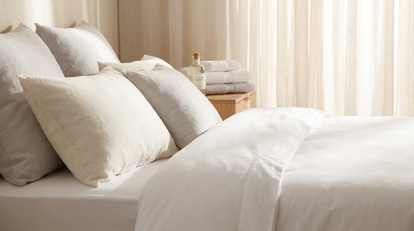 How to properly care for luxury bedding — crisp white sheets and pillowcases in soft morning light