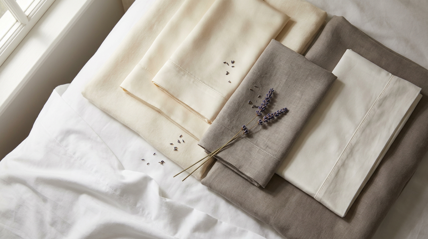 Premium pillowcases in cream and warm gray tones arranged in flat lay — LuxClub bamboo bedding