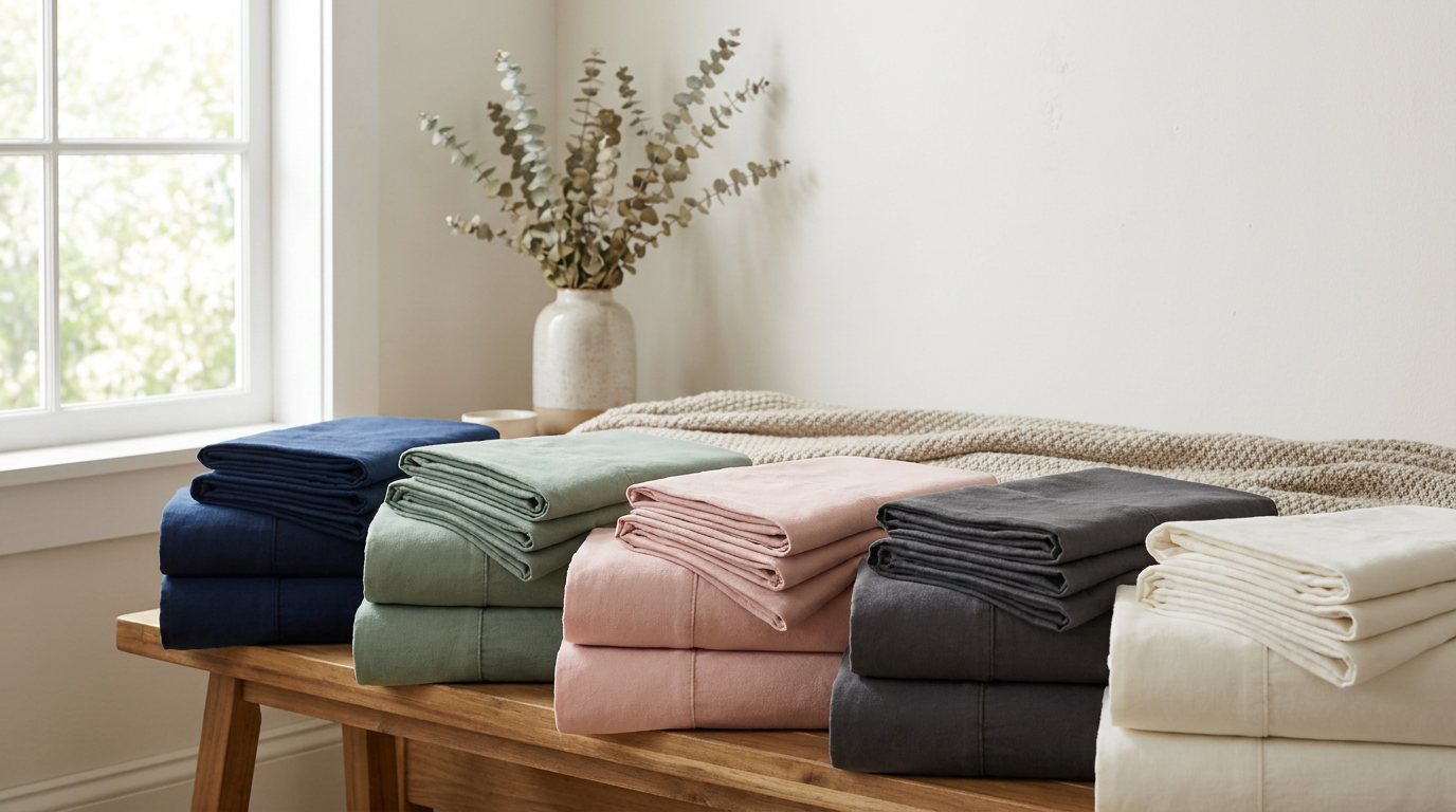LuxClub microfiber sheet sets in 40+ colors — navy, sage, blush, charcoal — neatly stacked showing vibrant fade-resistant color after multiple washes