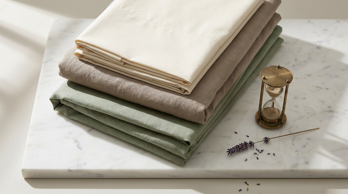Neatly folded luxury percale sheets and linen pillowcases with an antique hourglass, editorial bedding flat lay