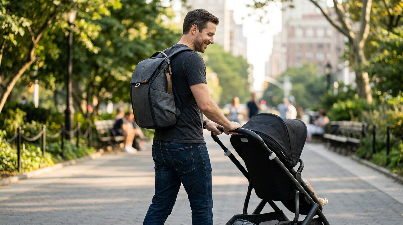 Dad confidently carrying a gray diaper bag backpack while pushing a stroller in a sunny urban park — gender-neutral parenting gear