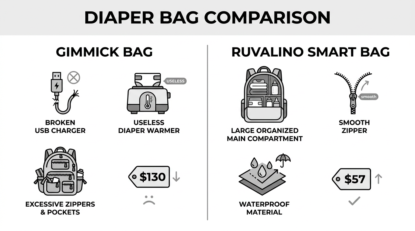 Comparison infographic: Gimmick diaper bag features vs. practical must-haves