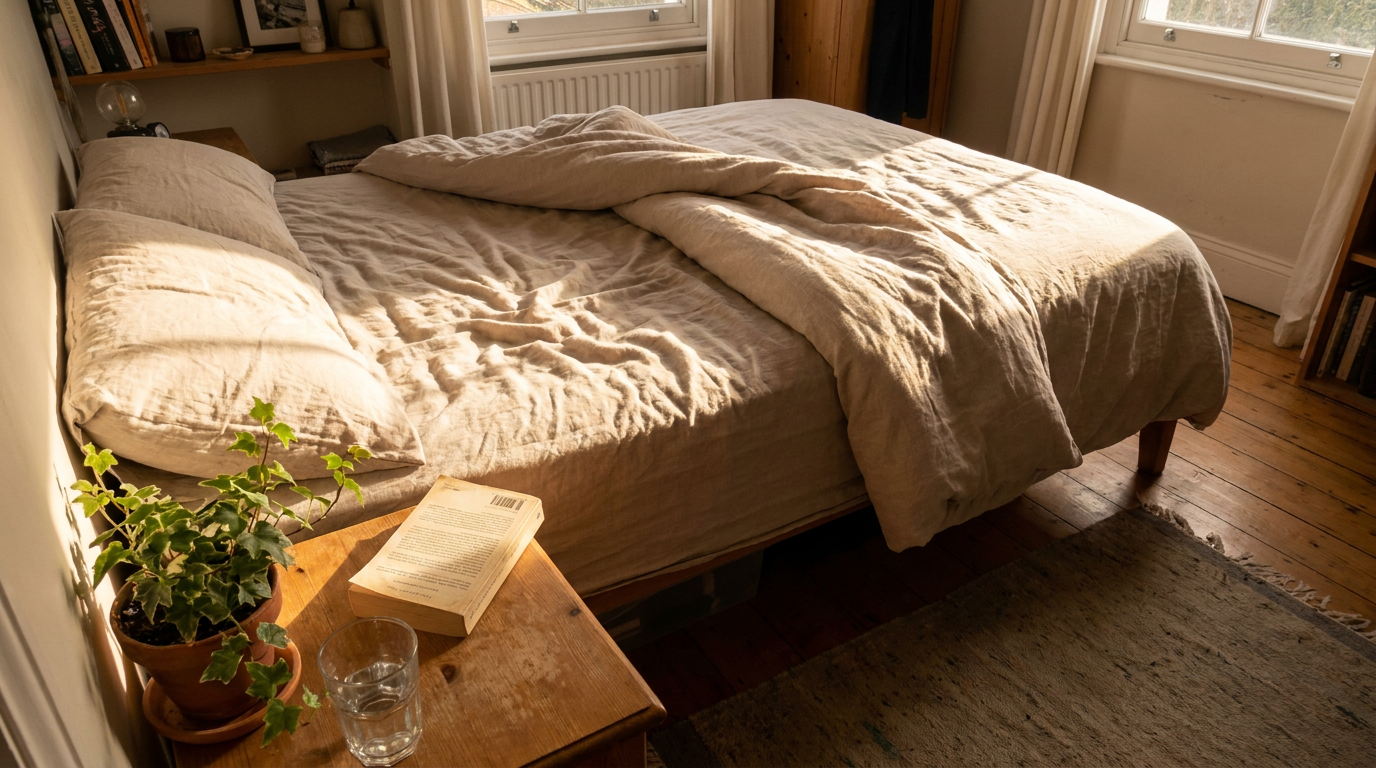 LuxClub microfiber sheets on a naturally slept-in bed in a bright home bedroom with warm window light and real lifestyle props