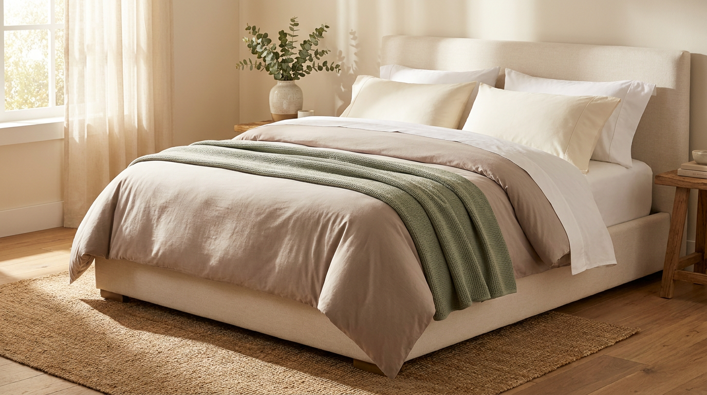 Beautifully layered luxury bedding on a serene bedroom bed with warm natural light — LuxClub seasonal bedding guide