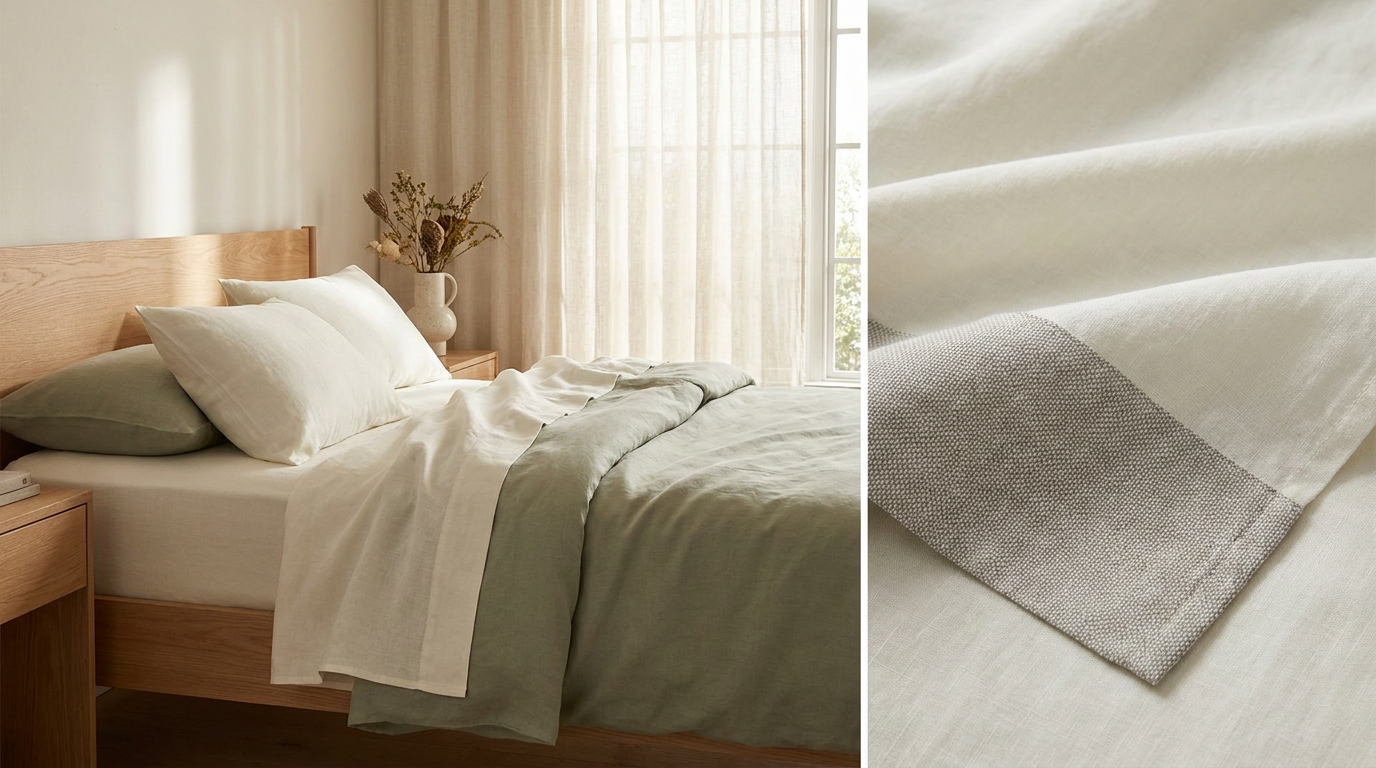 Close-up of premium bamboo sheet weave texture on a neatly made bed with soft natural light