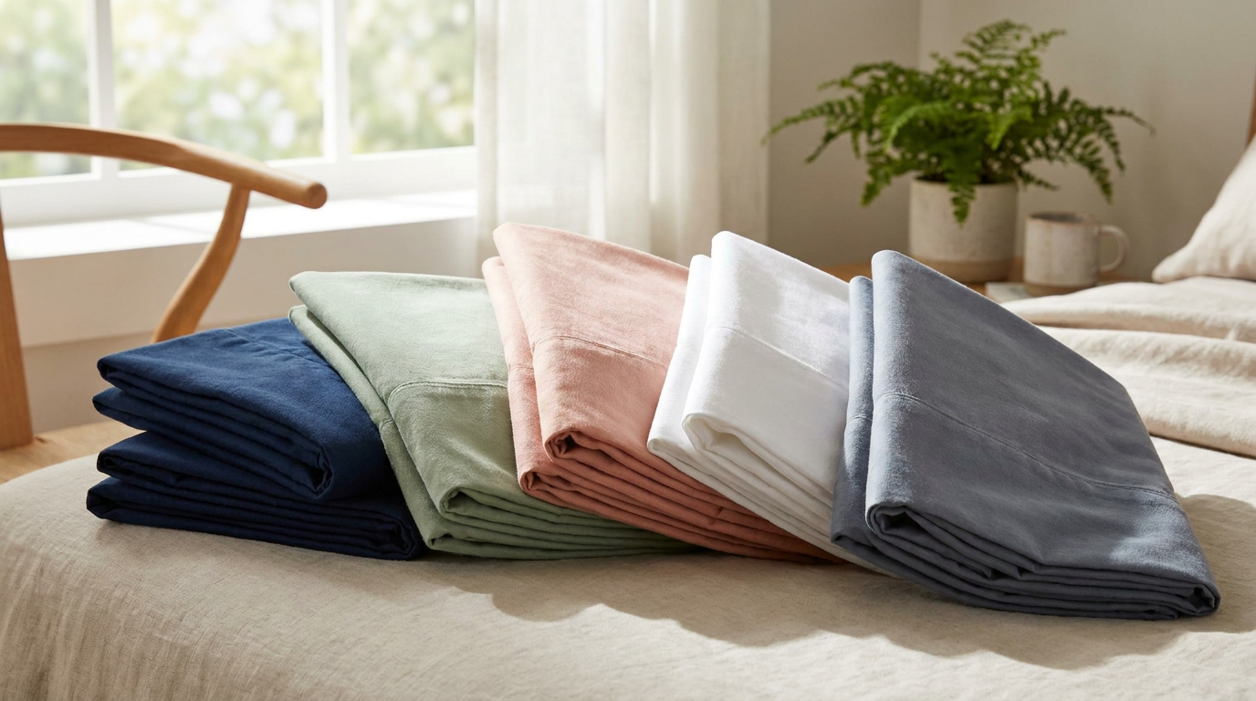 LuxClub microfiber sheet sets in multiple colors stacked together showing rich fade-resistant color after many washes in natural light
