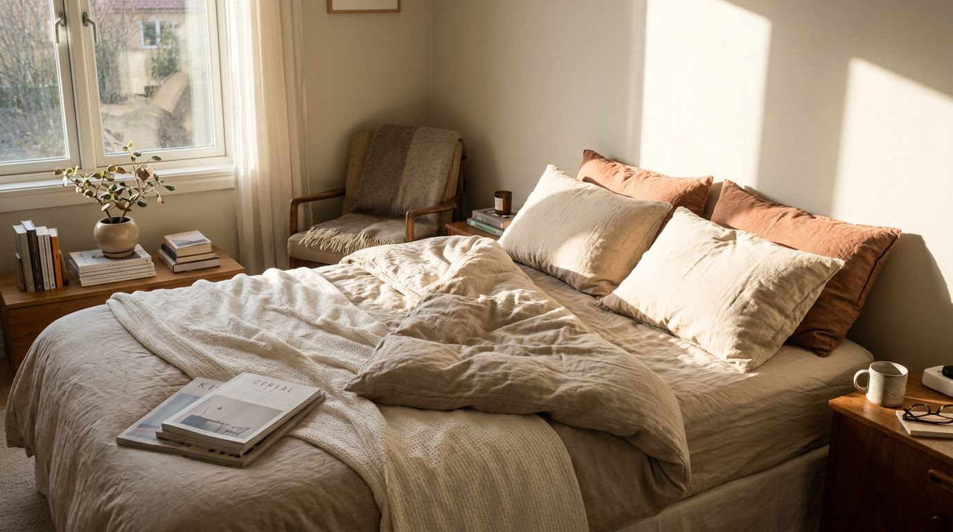Luxury bedroom aesthetic with layered bedding, natural morning light, plants and design books — authentic home styling