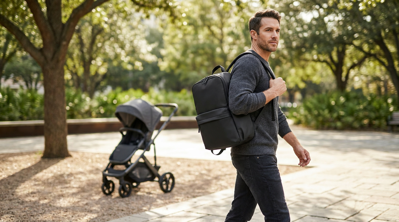 Dad confidently carrying a minimalist black diaper bag backpack in a park — gender-neutral design works for both parents