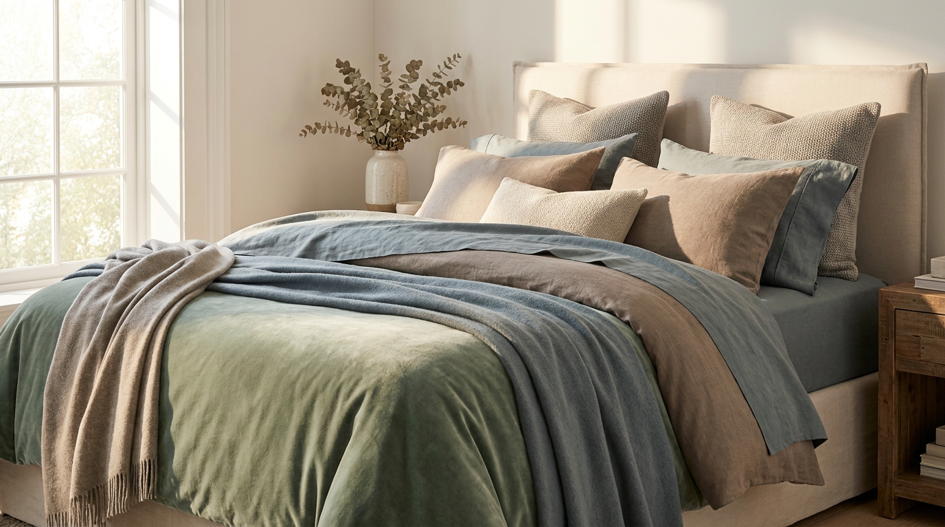 Luxury bedroom with sage green, taupe, and dusty blue bedding in editorial style