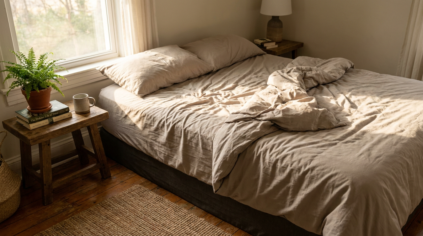 Real bedroom with natural light and lived-in details — LuxClub breathable microfiber sheets for hot sleepers and night sweats