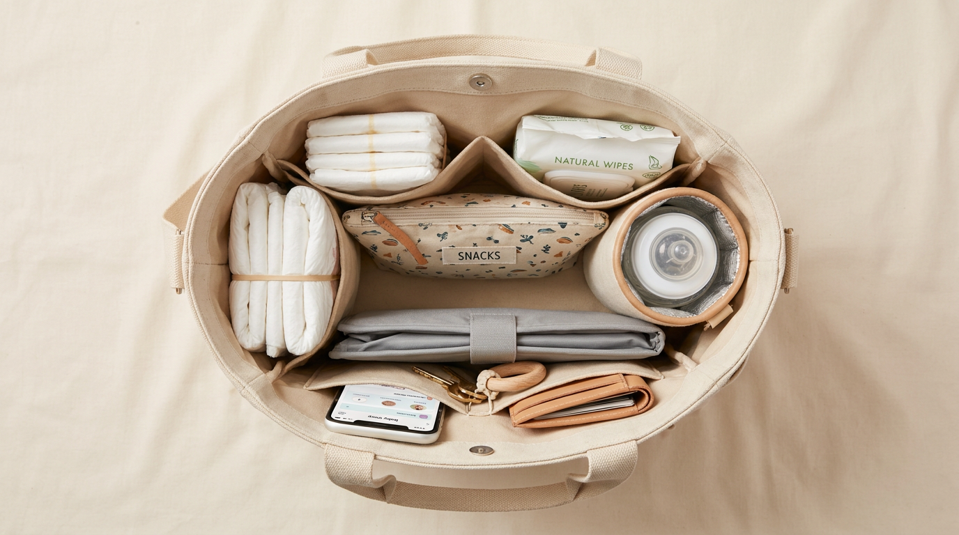 Flat lay overhead view of a diaper bag's organized interior with diapers, wipes, insulated bottle holder, snacks, phone, keys, and changing pad — organized parenting essentials