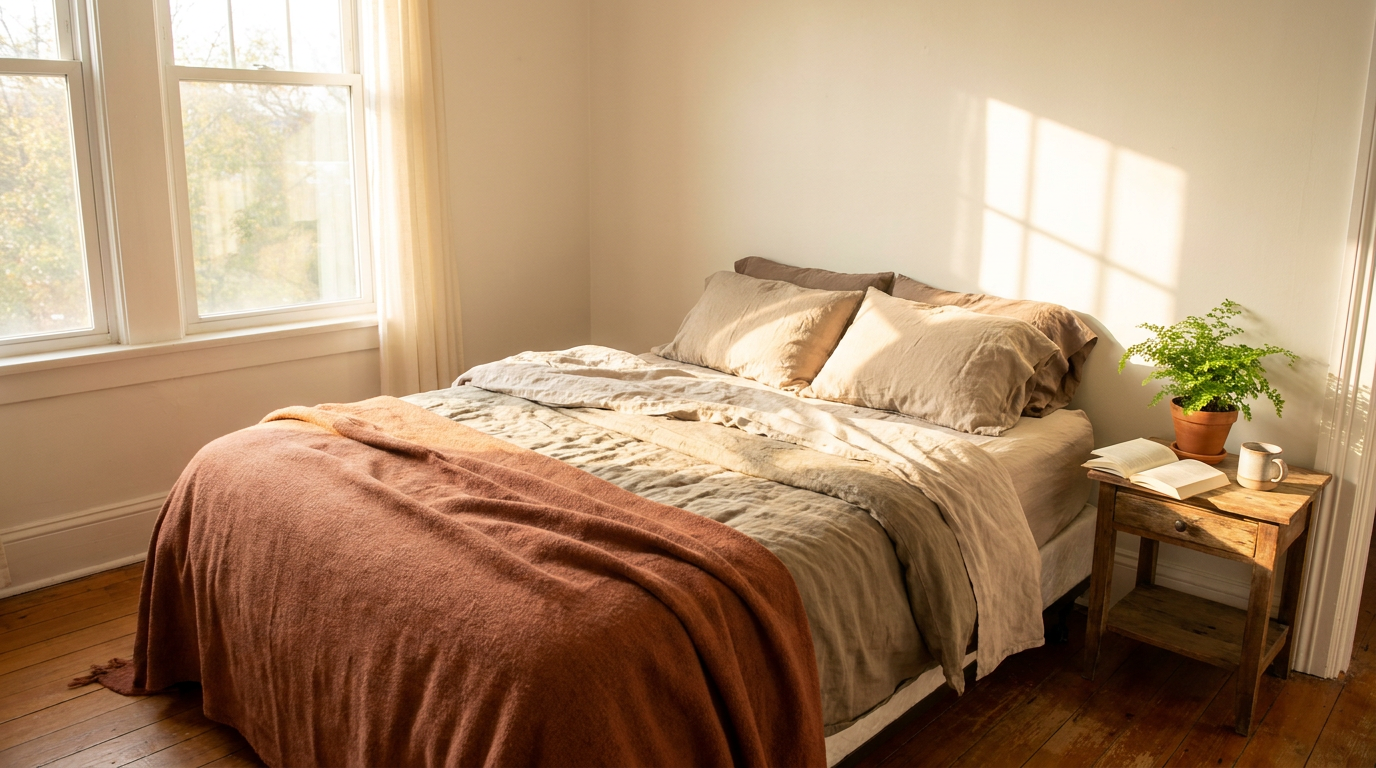 Beautifully layered bed in a bright natural bedroom with lived-in authentic styling, flat sheet cuff fold, throw blanket and plants for real home bedroom aesthetic