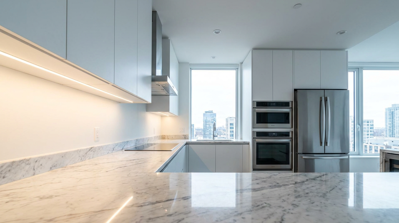 Modern kitchen with LED under-cabinet strip lights illuminating marble countertop