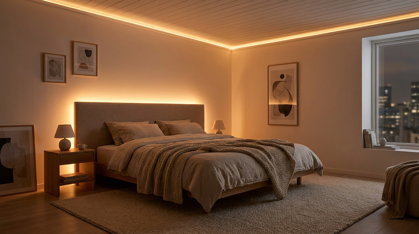 Cozy bedroom with warm LED strip lights behind headboard