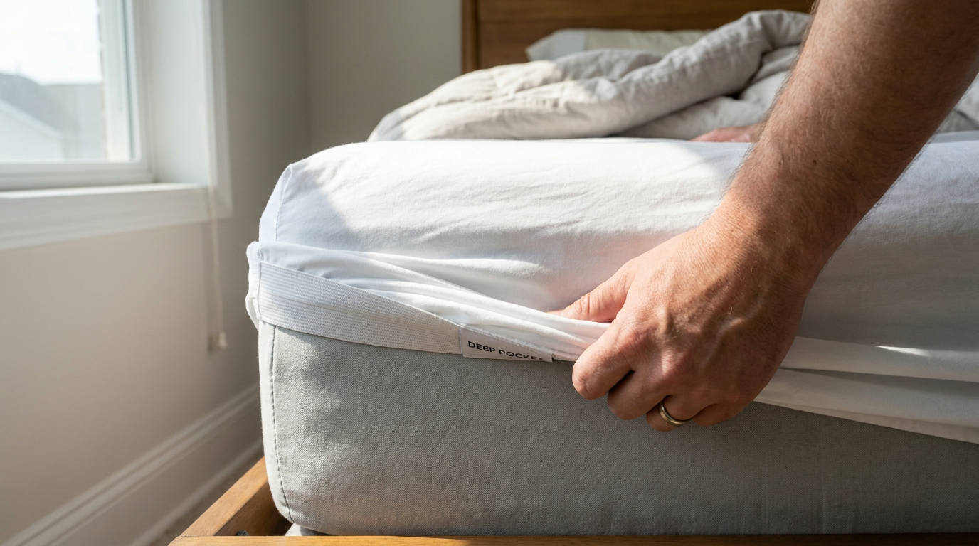LuxClub deep pocket fitted sheet 18-21 inch deep pocket stretched over mattress corner showing full-perimeter heavy-duty elastic band grip in natural light