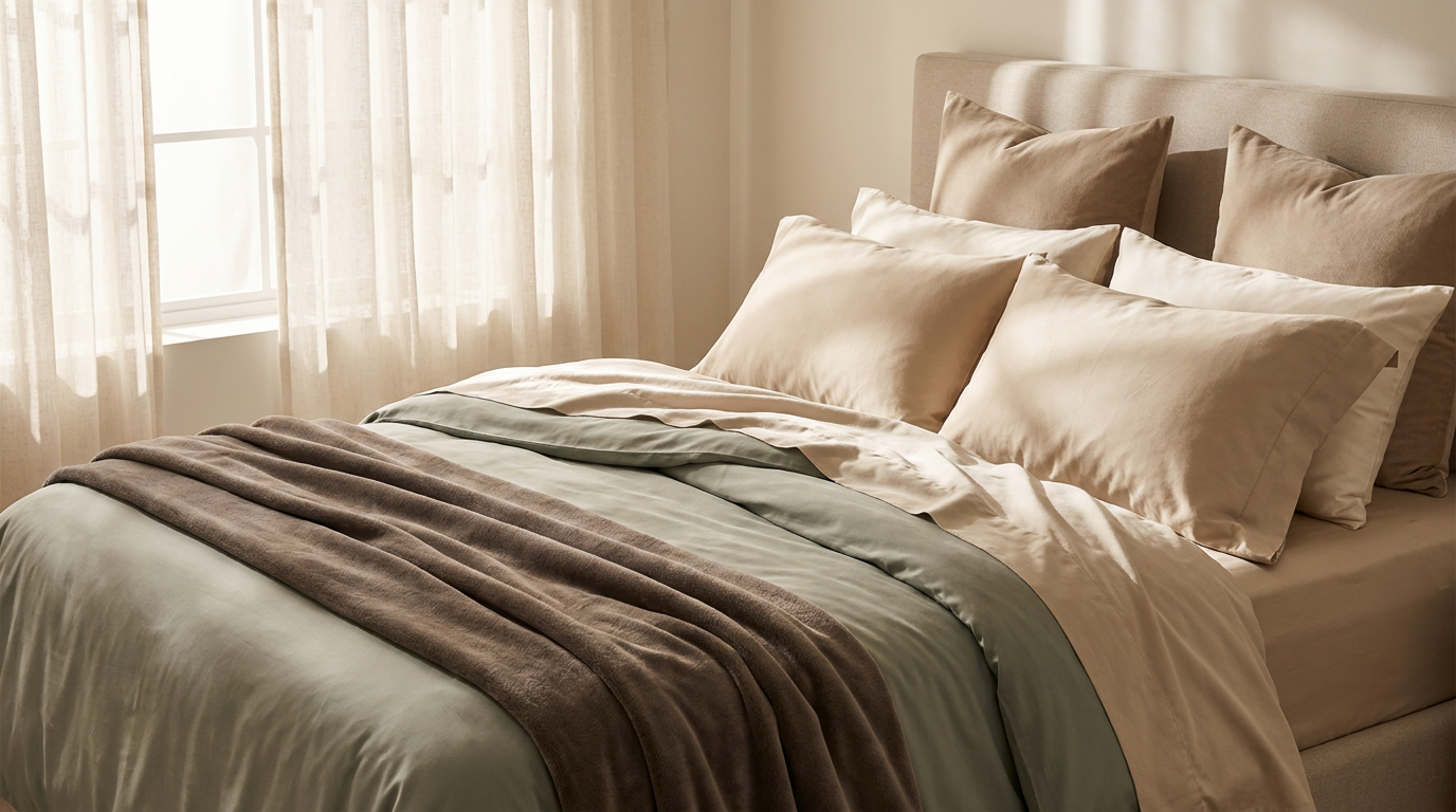 Luxury layered bedding in champagne, ivory, and sage — cotton, bamboo, and microfiber fabric comparison