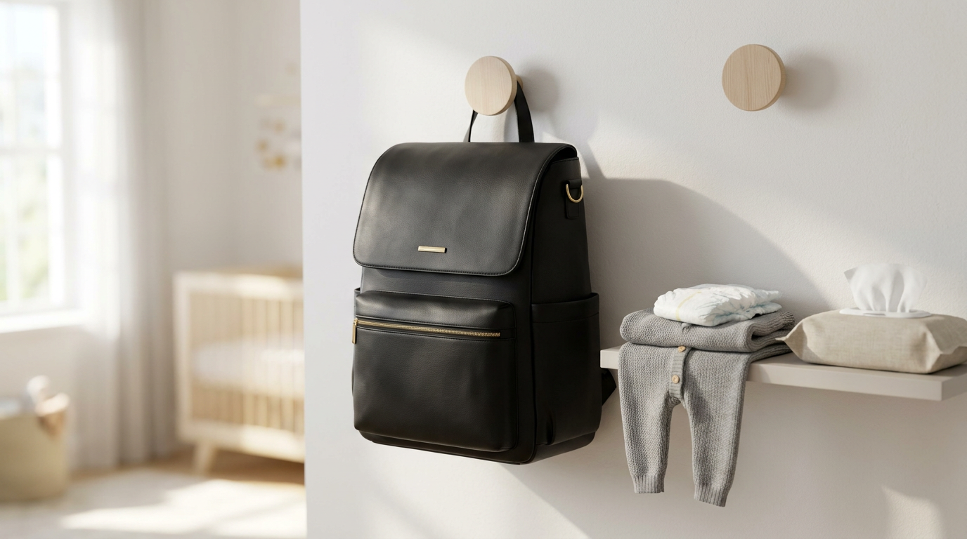 Minimalist black diaper bag backpack on nursery wall hook with baby essentials arranged beside it — gender-neutral design