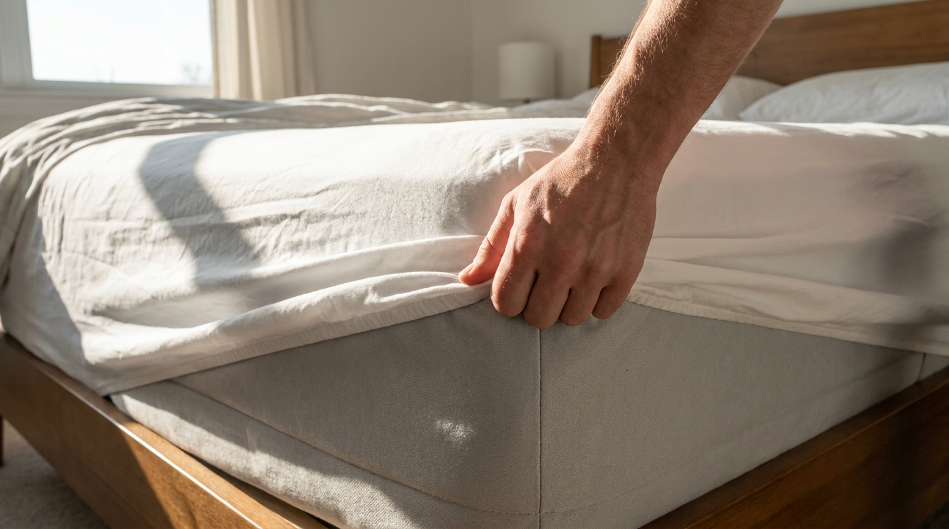 LuxClub fitted sheet 18-21 inch deep pocket full perimeter elastic stretched taut around mattress corner in natural light