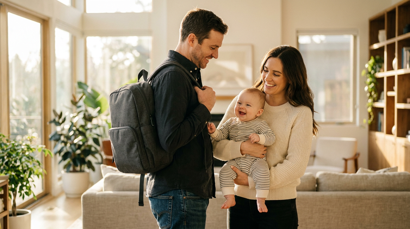 Young parents sharing a minimalist gray diaper bag backpack — both carrying confidently