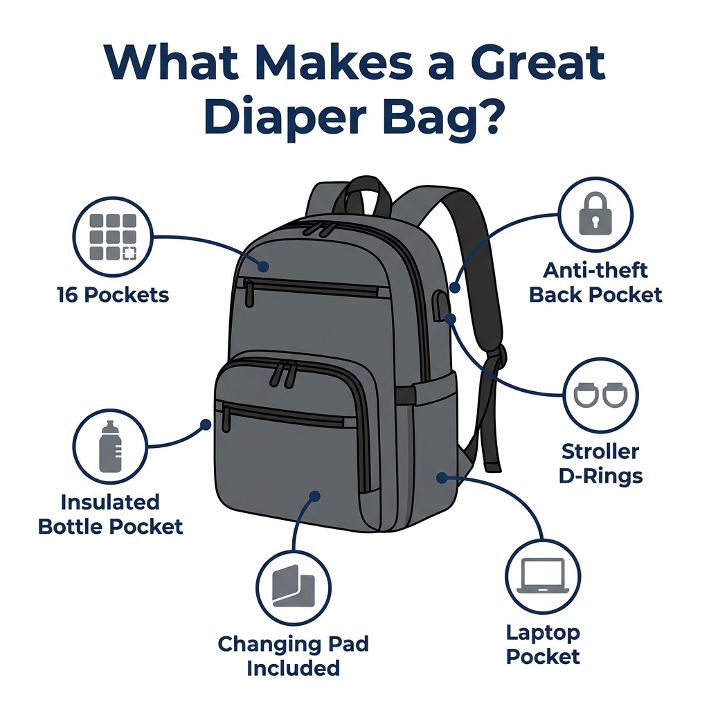 What makes a great diaper bag — feature infographic for the best unisex diaper bag backpack