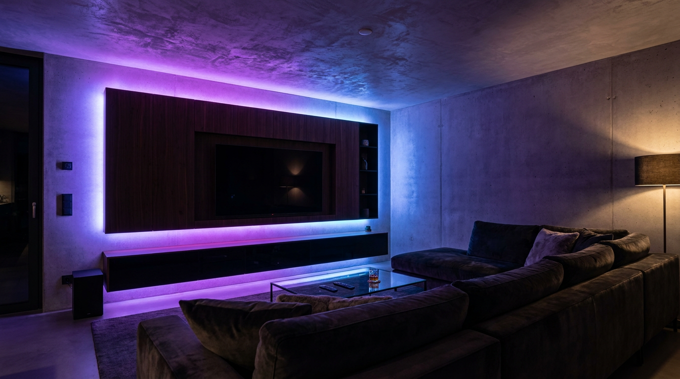Living room with colorful RGB LED strip lights behind TV wall unit