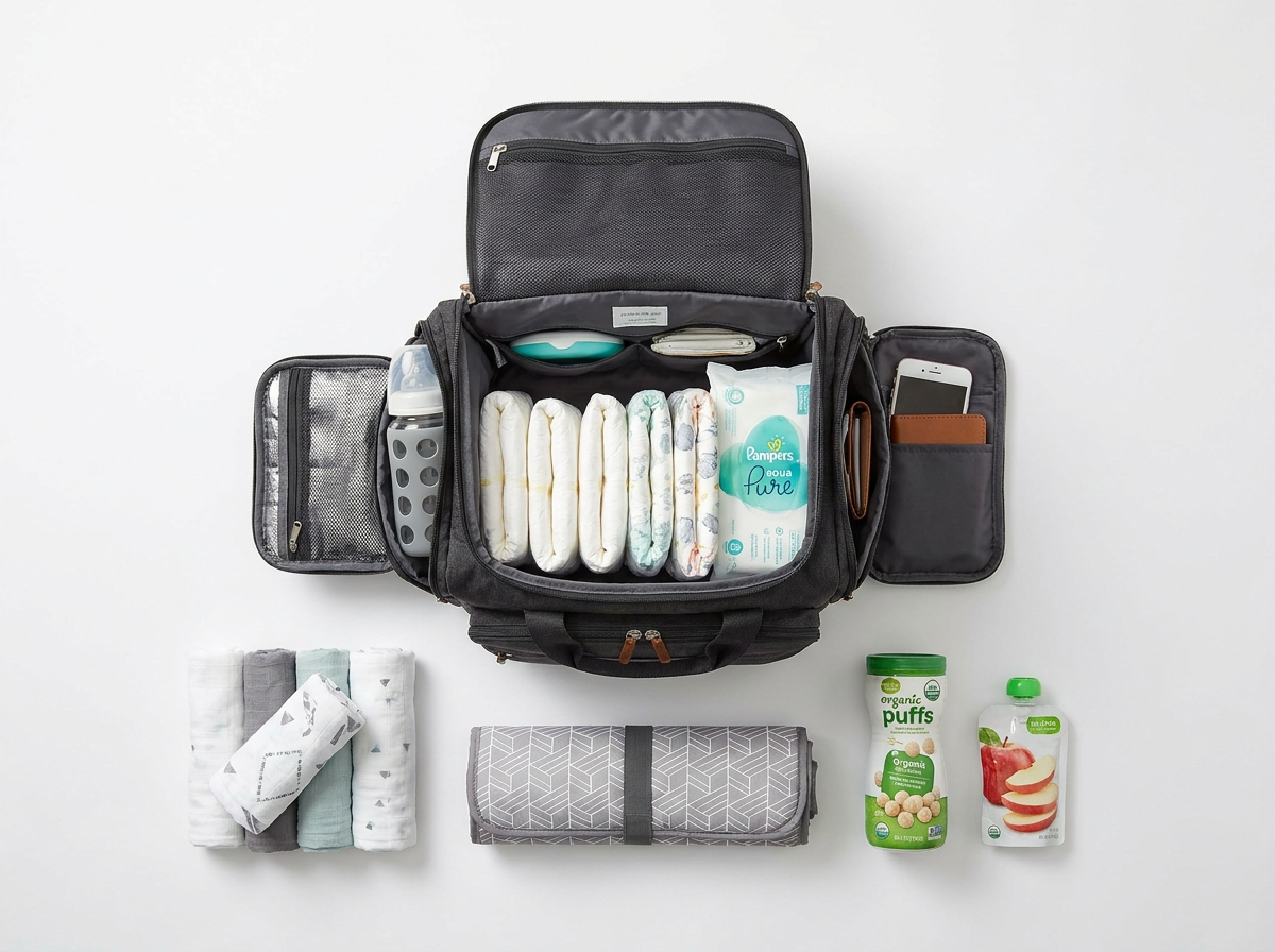 Inside view of an organized diaper bag showing compartments, insulated bottle pocket, parent pocket with phone and wallet