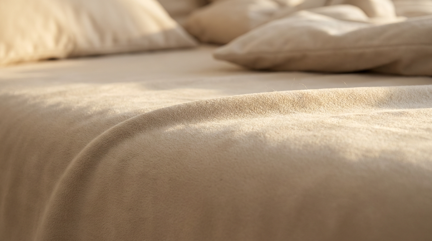 LuxClub premium double-brushed microfiber sheet surface showing buttery-soft plush fiber nap in warm morning light