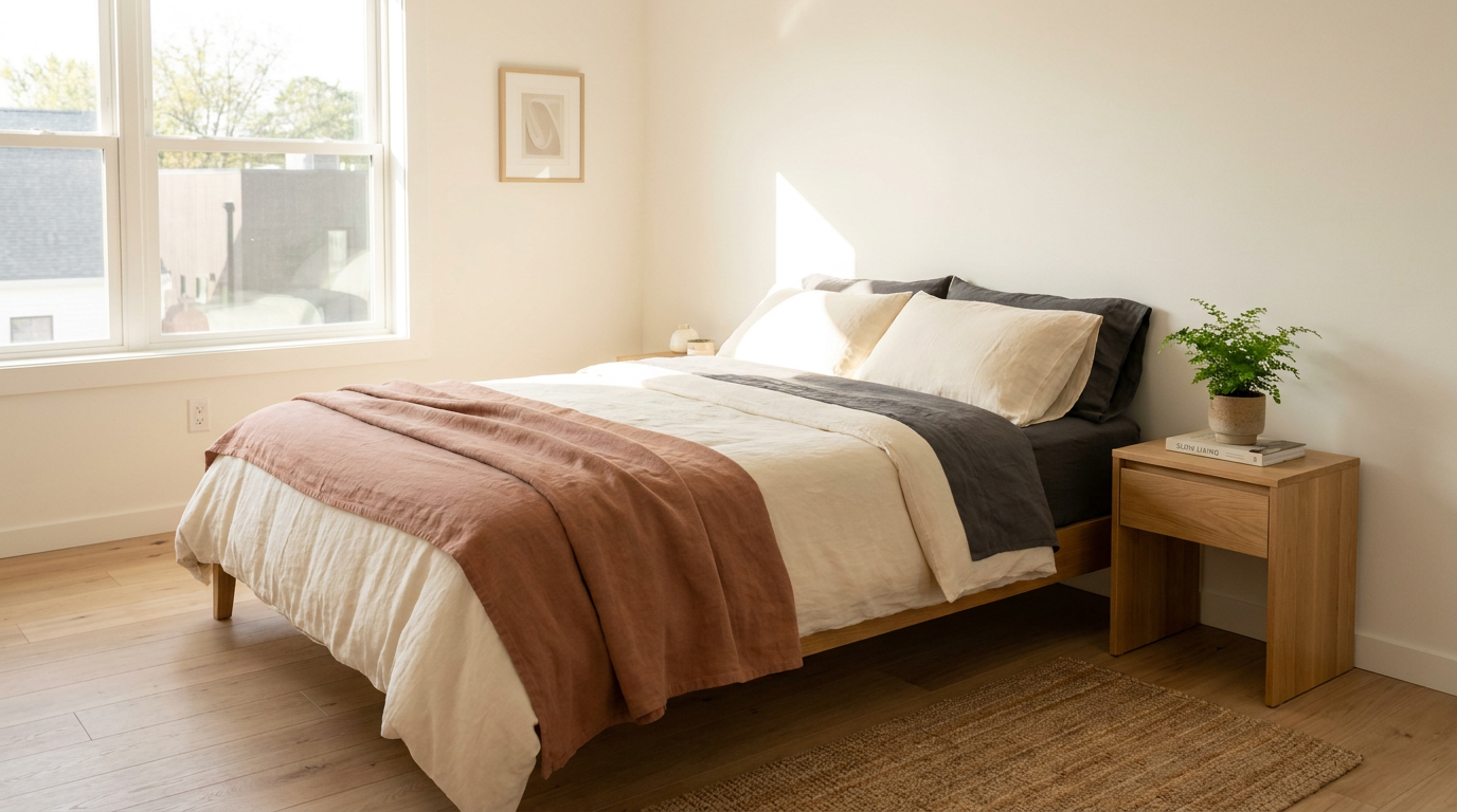 Minimalist bedroom ideas with calm neutral bedding natural light wooden nightstand and linen throw in authentic home setting