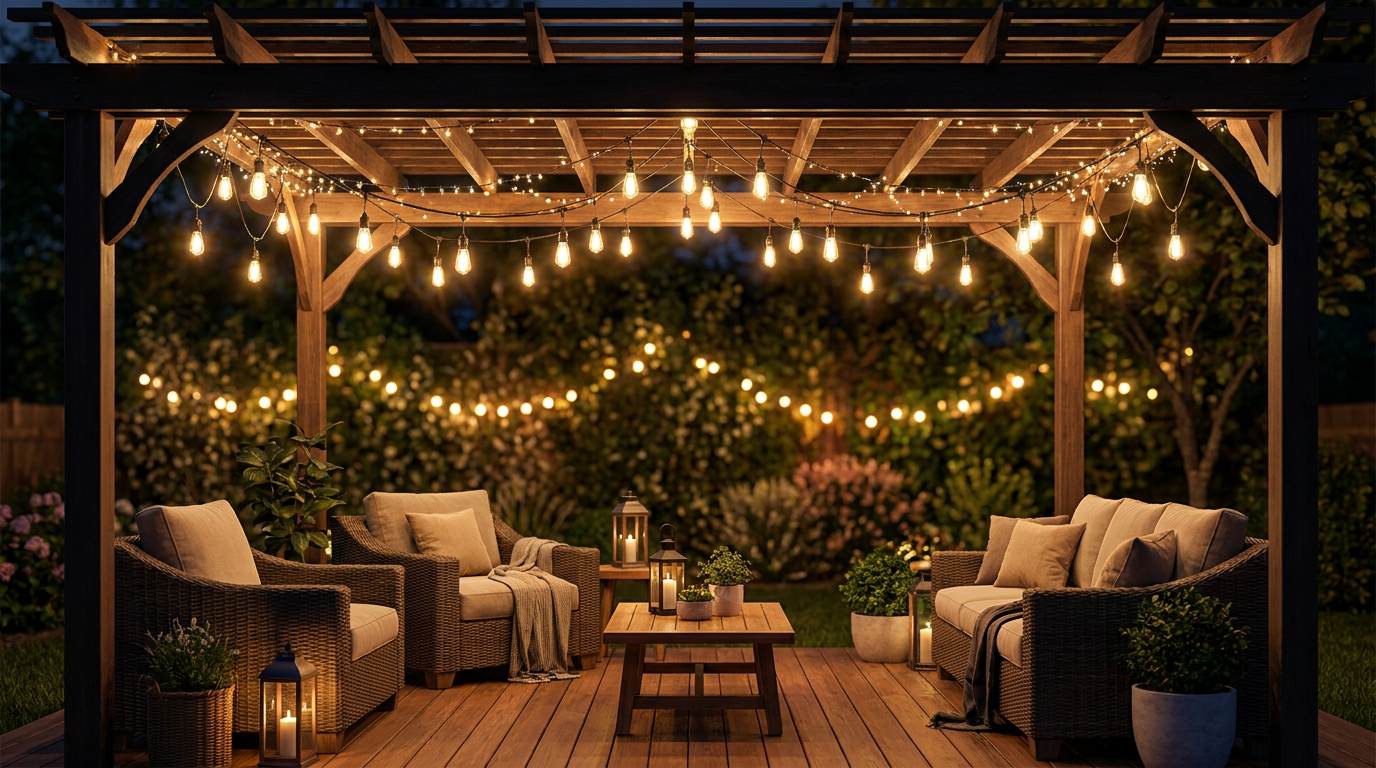 Backyard deck with warm LED string lights strung across a pergola