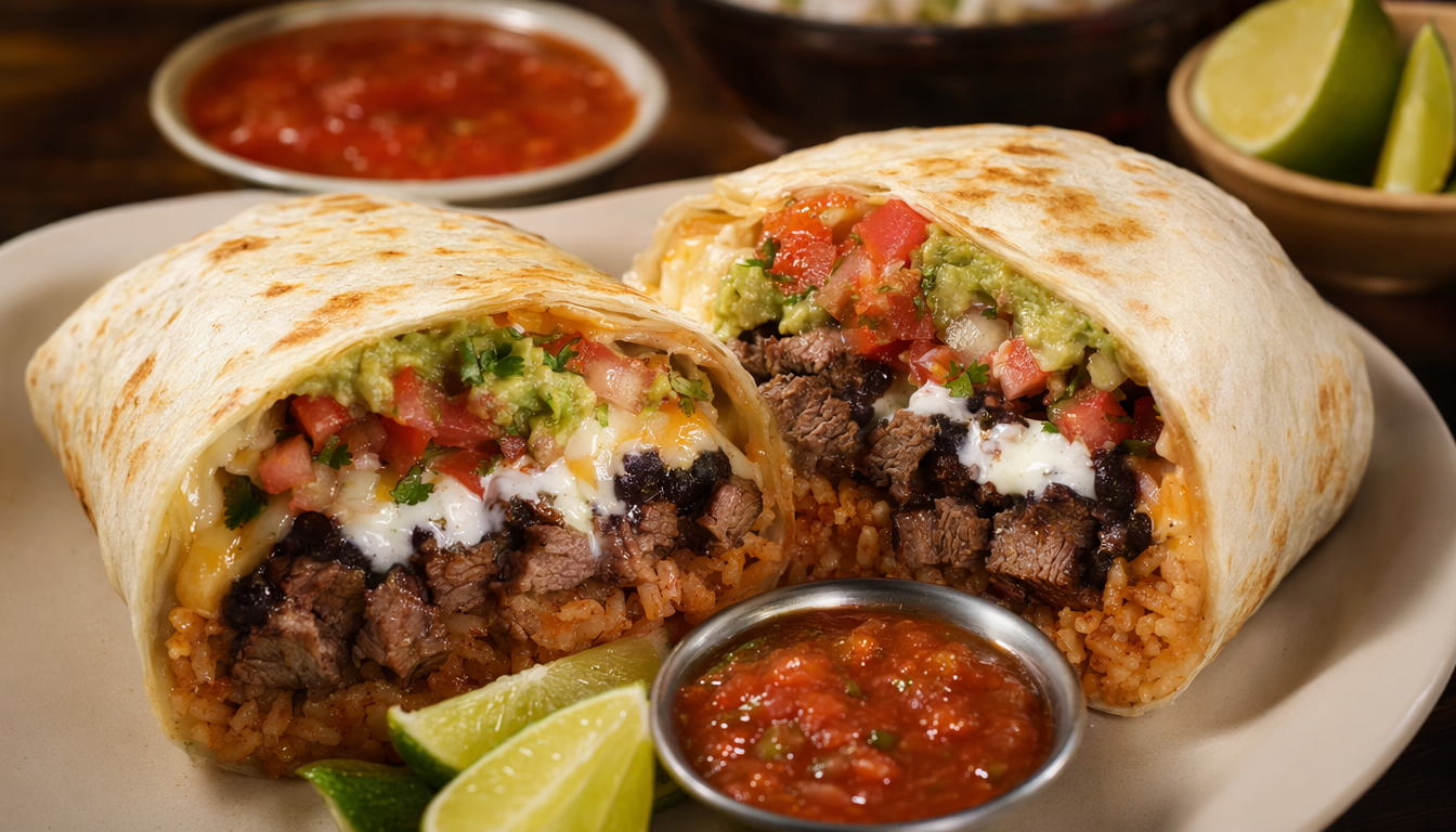 Authentic Mexican burrito cut in half showing carne asada, red rice, black beans, pico de gallo, melted cheese, sour cream and guacamole inside a flour tortilla